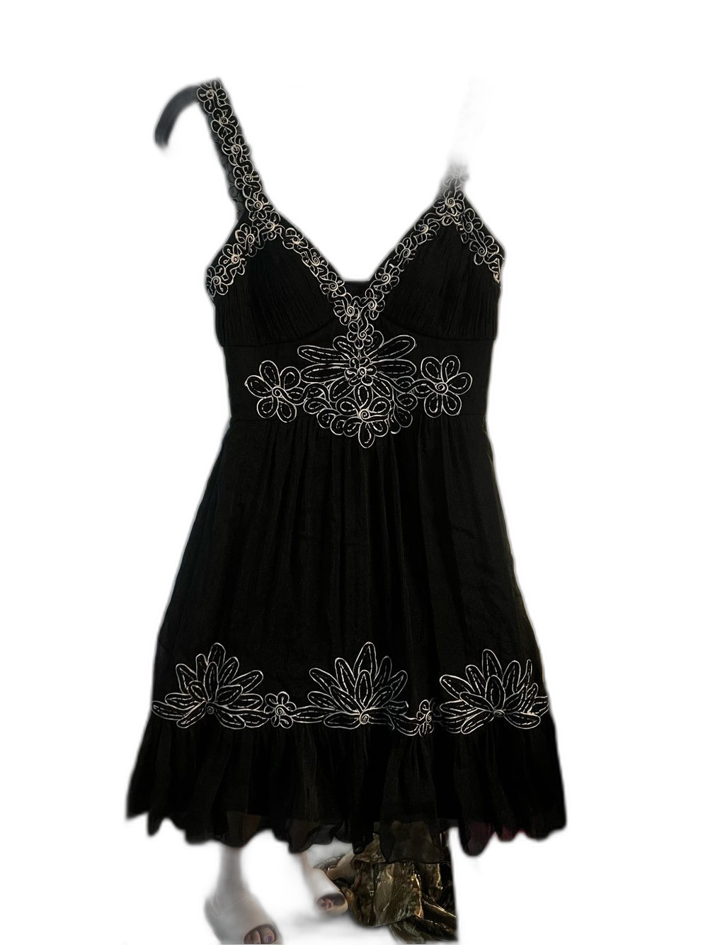Sue Wong Black Mini Dress with White Floral Embroidery